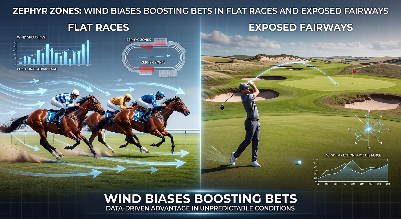 Golfers navigating a windy fairway on an exposed coastal course, with flags whipping and balls low-running in the breeze